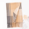 Beige and grey plaid cashmere-like scarf with fringe details laid on white background - Grey Camel