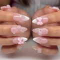 Französische Kunstnägel mit 3D-Schleifen, Kamelienblüten und Perlenverzierung - Rosa Verlauf 3D Bogen Kamelie Stil (JP3645)