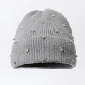 Grey knit beanie featuring luxury rhinestones and soft plush fur pom-pom detail - Gray (Small Square Diamond)