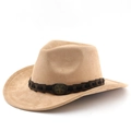Classic khaki wide brim suede jazz hat with woven band and star emblem detail - M (56-58cm) / Camel