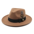 Classic brown wool felt fedora with black ribbon, spotted feather and vintage metal badge - M (56-58cm) / Dark Khaki