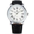 Automatic mechanical watch with silver case, white dial, and black embossed leather strap - Silver Case White Dial