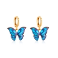 Gold butterfly drop earrings with blue gradient enamel wings and round hoop design - Blue Color