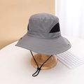 Detail of grey wide-brim sun hat featuring breathable mesh vents and adjustable chin cord - M(56-58cm) / Gray