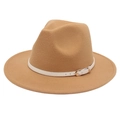 Detail of camel wool fedora hat with a white leather band and gold buckle accent - M (56-58cm) / Camel (White Belt)