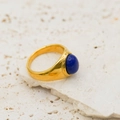 Minimalist 18k gold plated titanium ring with large oval blue agate stone inlay - Synthetic Blue Jade