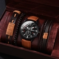 Geneva men's quartz watch with brown leather strap and four bracelets in a gift box - Brown Strap Black Dial Silver Hands Set (No Box)