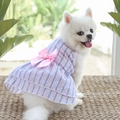 Close-up of pink and blue striped dog dress with large satin bow and pearl detail - Blue Pink Stripes
