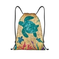 Detail of oxford fabric drawstring bag with sea turtle and coral reef printed design - Vintage Map Sea Turtle Style (jiayingskd37)