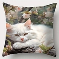 Moderner Kissenbezug aus Leinen mit weißer Katze und Blumenmuster für die Dekoration - Stil 12 / 45*45cm (Ohne Kern)