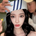 Cute white sailor beret hat with blue stripes and sweet Korean style for women - M (56-58cm) / Azure Blue