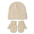 Flat lay detail of beige knitted baby winter hat and matching mittens set on white background - Size S (3-18 Months) / Beige