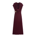 Elegant burgundy sleeveless cowl neck maxi dress with a decorative gold buckle detail - S / Dark Red