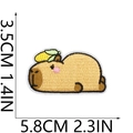 Detail showing Capybara embroidered patch dimensions 3.5cm x 5.8cm on white background - No.6 (Green Leaf/Yellow Decor)