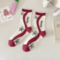 Beige cotton crew socks with red accents, beauty text, and elegant floral patterns - One Size / Rose Red Small Flower