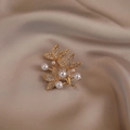 Elegant gold alloy leaf brooch with white rhinestones and pearls on silk fabric - 541# Tree Branch