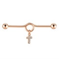 Rose gold industrial barbell piercing with cross pendant and sparkling crystal stones - Rose Gold Cross