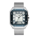 Montre à quartz carrée classique pour homme avec lunette bleue et bracelet acier - Lunette Bleue Argentée Cadran Blanc