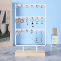 White metal earring stand with wooden base and three layers for jewelry display - 36 Holes / White