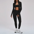 Ensemble de yoga noir 3 pièces avec veste zippée, brassière de sport et legging taille haute - S / Haut Et Bas / 3 Pieces Set (Jacket + Bra + Leggings) / Noir Premium