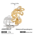 Gold plated stainless steel double flower open ring with sparkling white zircon stones - Hollow Double Flower Open Style (JDR0104023)