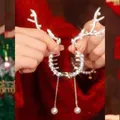 Elegant reindeer antler hair claw clip with rhinestones, pearls and hanging tassels - F0380 Gold Elk
