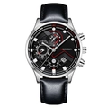 Business men's quartz watch with black leather strap and three-eye chronograph dial - Black Dial Silver Pointer Silver Case