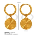 18K gold plated stainless steel hoop earrings with round pleated textured pendants - EH438 Gold Round Earrings