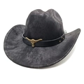 Detail of western cowboy hat featuring vintage bull head metal buckle and leather band - M(56-58cm) / Tie-Dye Black