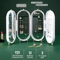 White 4-panel folding jewelry organizer with mirror and 153 earring holes - Oval Jewelry Box (22.5*10.5*6.5cm) / White