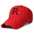 Red cotton baseball cap featuring black embroidered letter R and extended visor design - R Logo Red