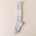 Thick grey coral fleece knee-high socks with white stripes for winter warmth - One Size / Light Gray