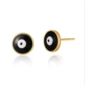 Detail macro view of Evil Eye brass earrings with 18K gold plating and enamel finish - Black Round Evil Eye (KE0726-3)