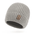 Light gray ribbed knit beanie for men and women featuring a brown leather logo patch - Light Gray