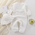 White cotton gauze infant bodysuit and ruffled hat set with side snap closure - White / 66cm
