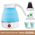 6-piece portable foldable electric kettle set with 600ML blue and white silicone kettle - Button Mode-Blue-6pcs Set / AU Plug 220V