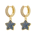 Golden star hoop earrings with pave white zircons and blue gemstone star pendants - Gold Tone Blue Zircon Star