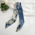 Green silk-like twilly scarf with vintage landscape print and 'love yourself' script - Song Capital Scenery