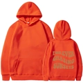 Bright orange pullover hoodie with Forever Chasing Sunsets graphic print on back - S / Orange