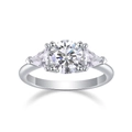 Macro shot of silver three-stone ring with round main moissanite and triangle side stones - Silver (R13559-8.0mm)