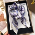 Floral bird print silk scarf in white and blue, elegantly displayed in a brown gift box - Blue and Purple Floral Bird Pattern (FJ694-1)