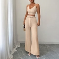 Elegant beige two-piece set featuring V-neck camisole top and high-waist wide-leg pants - S / Light Coffee