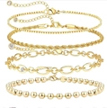 Set of 5 layered golden chain bracelets with lobster clasp and cubic zirconia details - Gold Set - Box/Rope/Dazzling Link Mix