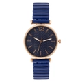 Women's quartz watch with navy blue embossed leaf dial and rose gold metal band - Dark Blue