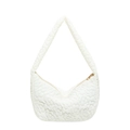 White floral quilted shoulder bag with golden zipper in a minimalist aesthetic - White