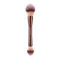 Double-ended makeup brush with bronze metal handle and soft synthetic bristles for face. - Brown