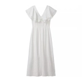 Close-up of white V-neck maxi dress featuring delicate embroidery and lace hollow details - XS / White