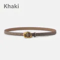 Smalle kaki damesriem van leer met litchi-structuur en gouden ovale gesp - 105cm / Khaki