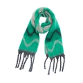 Detailed macro view of the thick mohair style scarf featuring grey wavy patterns and fringe - Green