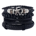 Minimalistisches Herren-Armbandset 4-teilig, schwarzes Leder und Perlen mit Pentagramm-Stern - Schwarz